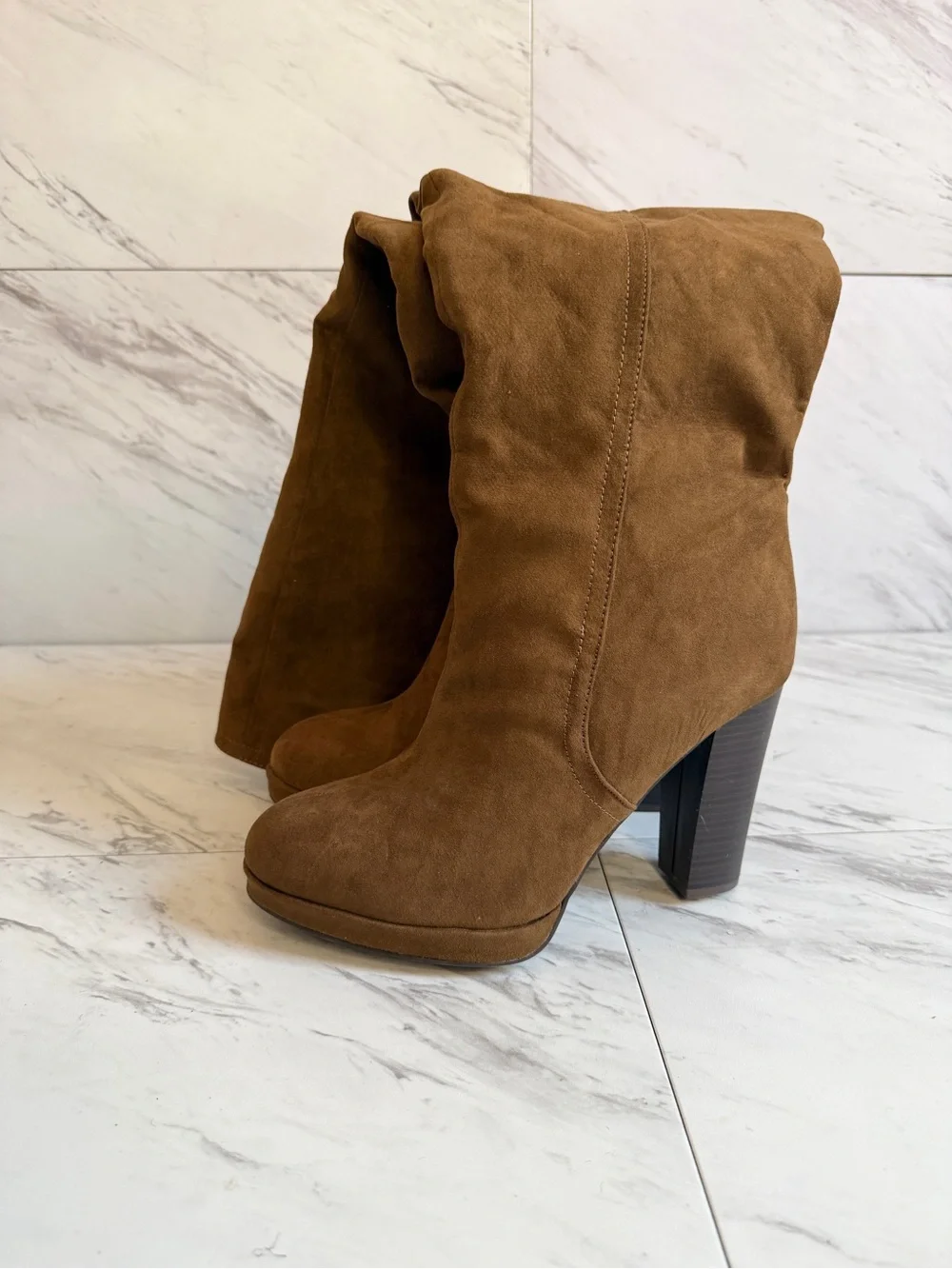 NEW JustFab Iman Tan Brown Suede Over-the-Knee Heel Boots Womens Size 10